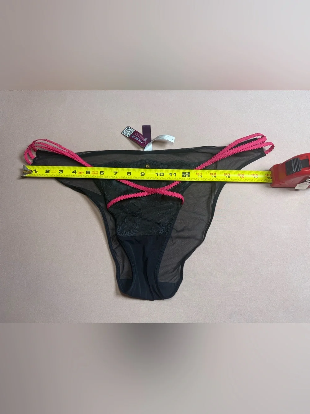Adore Me Sheer Black Mesh Lace Panty Underwear Pink Strap Size XL NWT